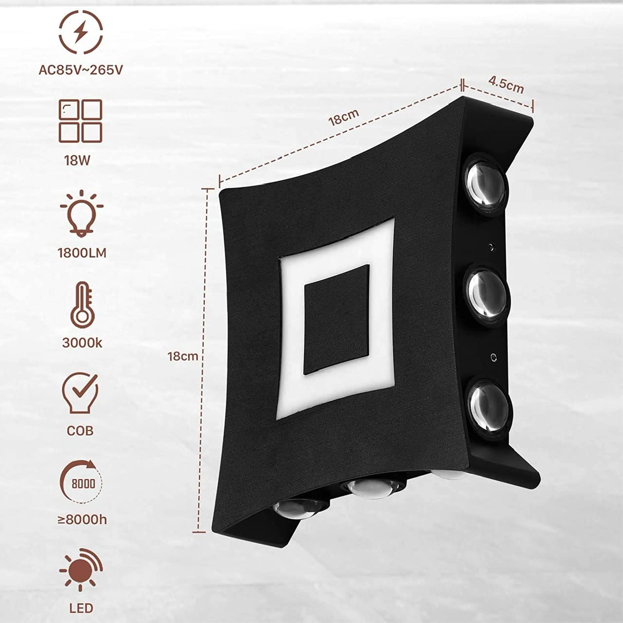 12led sq wall light bk